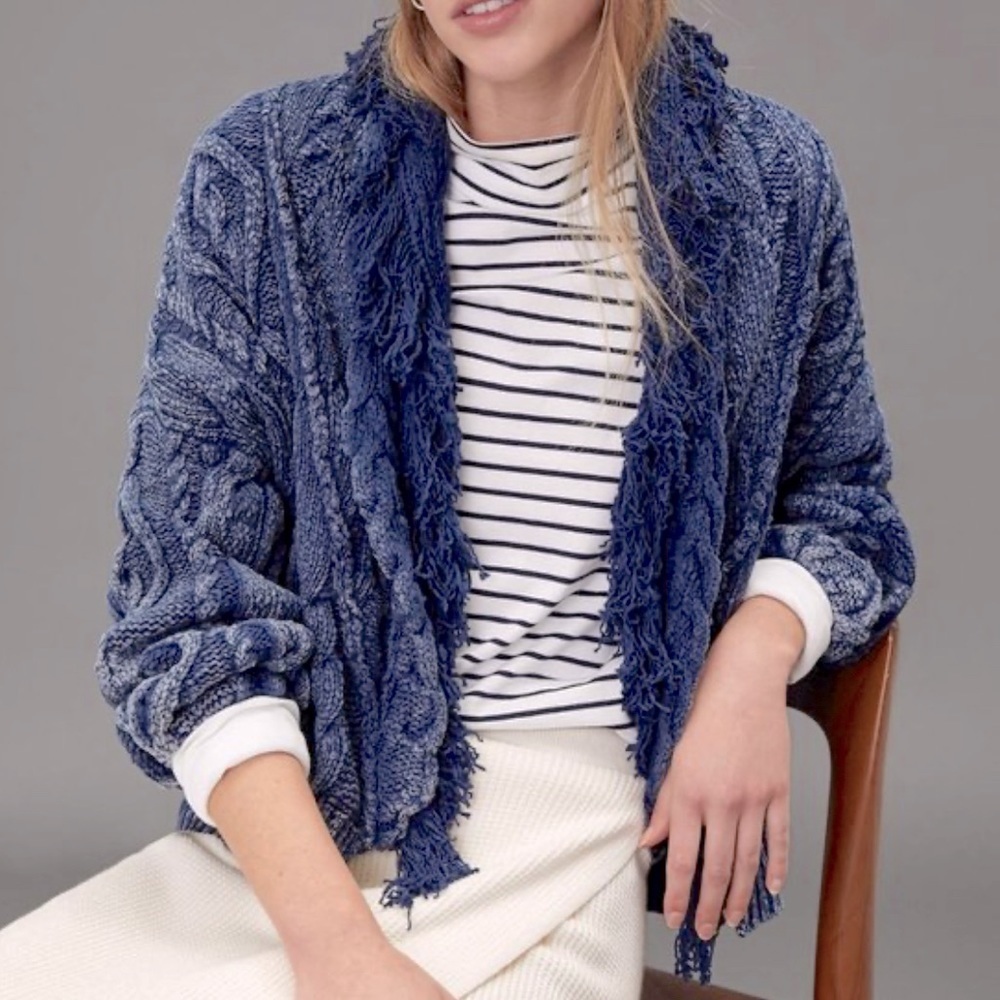 Anthropologie Pilcro Oversized Hana Fringed Cable Knit Cardigan Indigo Size XS/S